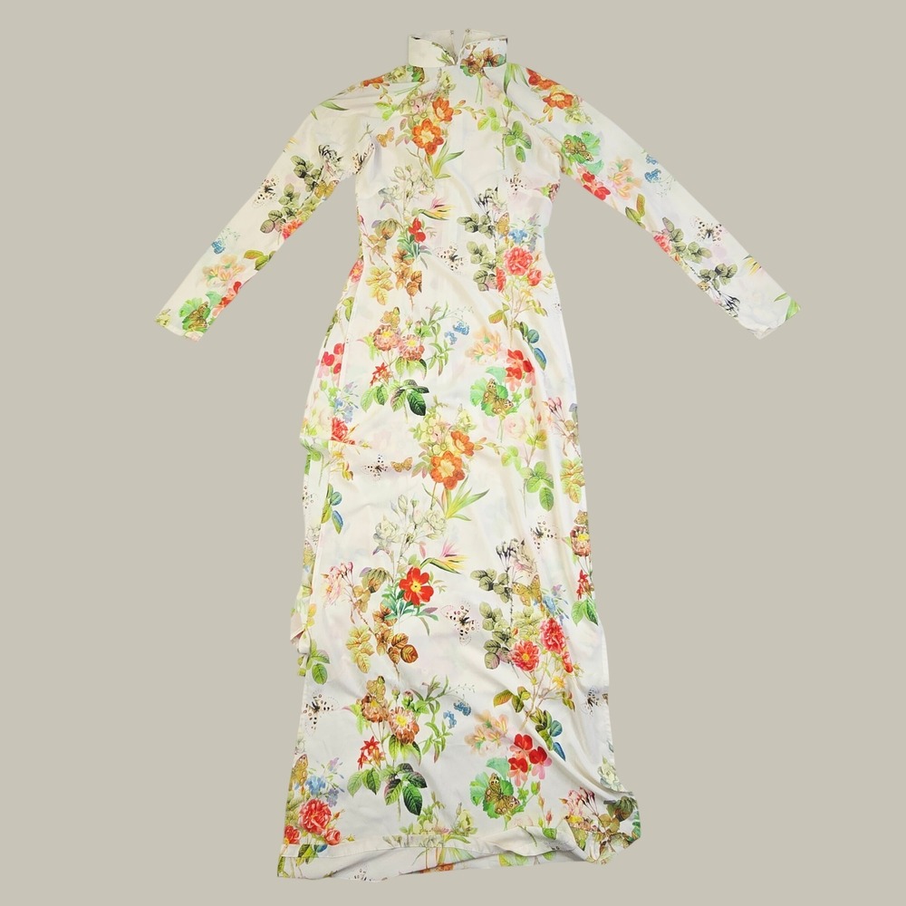 Women's Ao Dai Vietnamese Tunic Dress Small White Floral Butterfly Print B4
